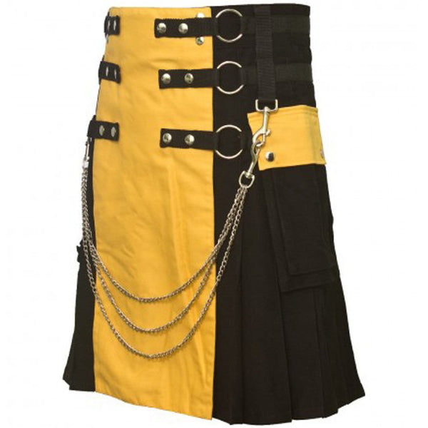 Black & Yellow Chrome Chain Hybrid Utility Cotton Kilt