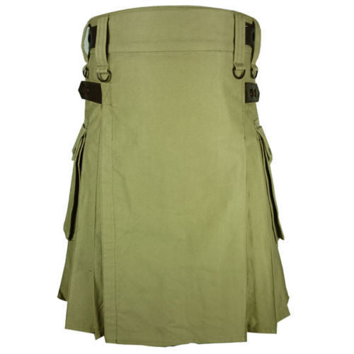 Khaki Leather Strap Utility Kilt for Active Men