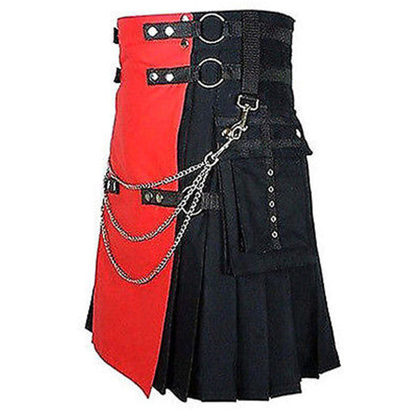Red & Black Chromed Chain Hybrid Utility Cotton Kilt