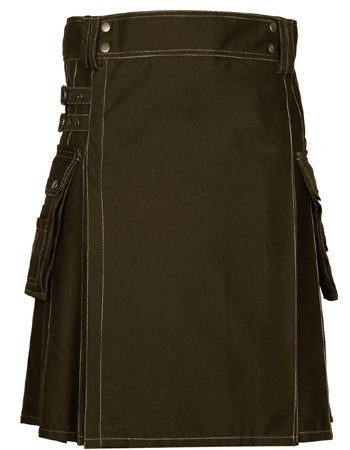 Scottish Highland Cargo Pockets Brown Cotton Utility Kilt with Straps