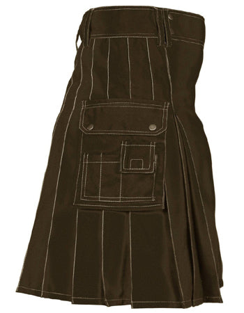 Scottish Highland Cargo Pockets Brown Cotton Utility Kilt with Straps