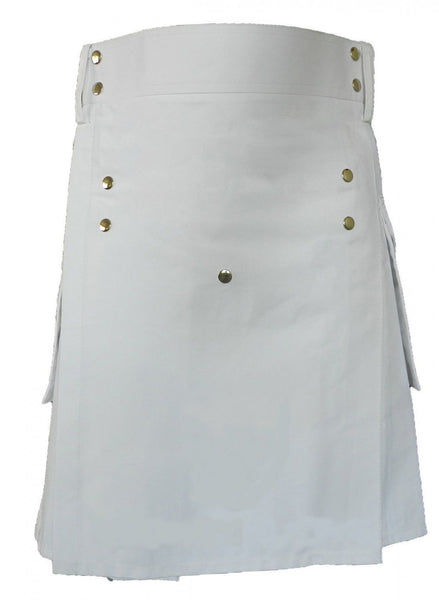 Men's White Cotton Front Buttons Utility Kilt