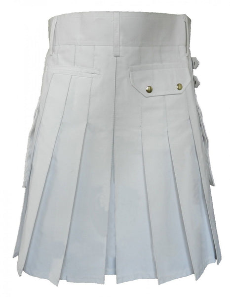 Men's White Cotton Front Buttons Utility Kilt