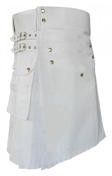Men's White Cotton Front Buttons Utility Kilt