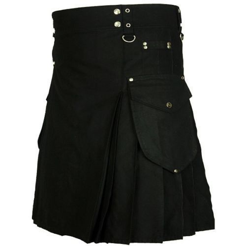 Black Cotton Cargo Pocket Utility Kilt