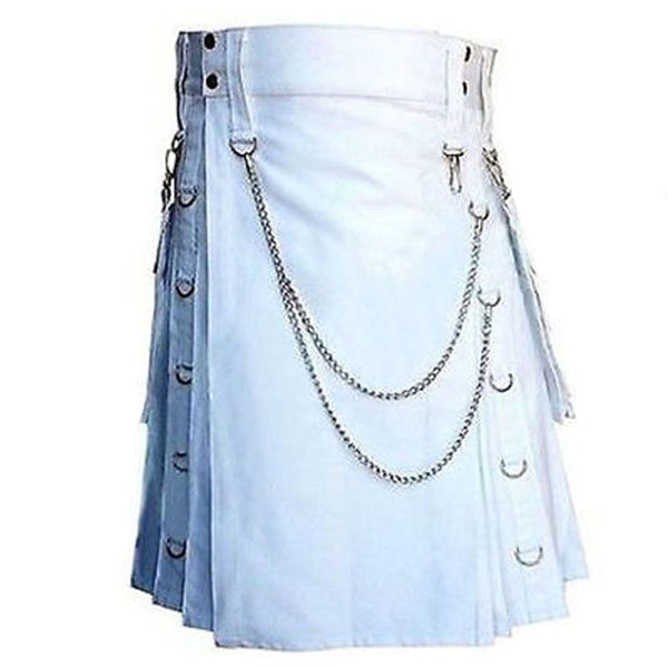 White Detachable Pocket Chrome Chain Cotton Utility Kilt