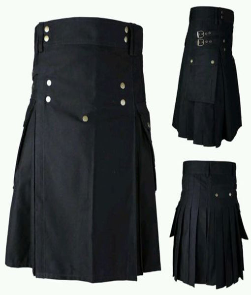 New Men's Black Cotton Front Buttons Utility Kilt
