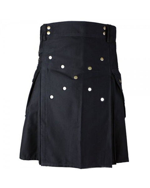 Front Buttons Black Cotton Cargo Pocket Kilt