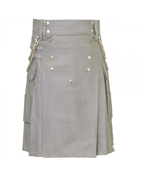 Classic Grey Cargo Pocket Chrome Chain Cotton Utility Kilt