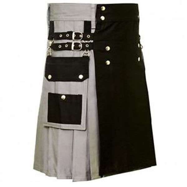 Black & Grey Hybrid Cotton Utility Kilt For Men