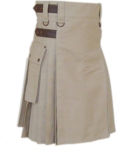 Brown Leather Straps Utility Kilt With Cargo Pockets