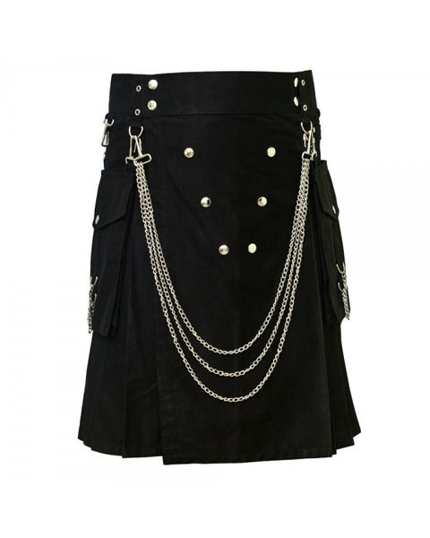 Black Front Button Detachable Pocket Chrome Chain Cotton Kilt