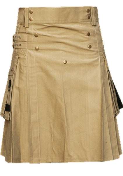 Khaki Cargo Pockets Cotton Utility Kilt
