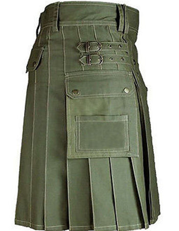 Front Buttons Olive Green Cotton Utility Kilt