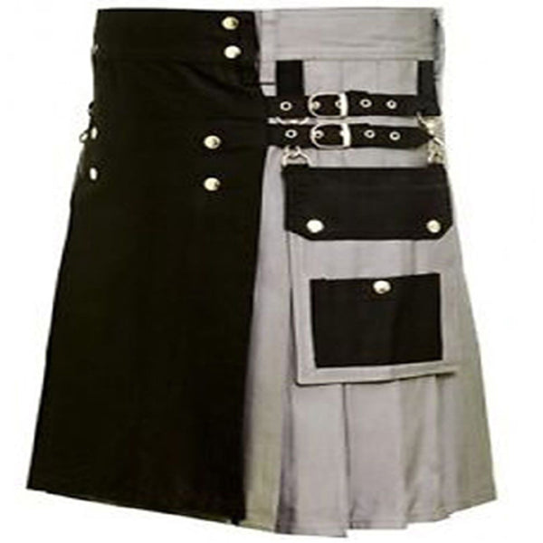 Black & Grey Hybrid Cotton Utility Kilt For Men