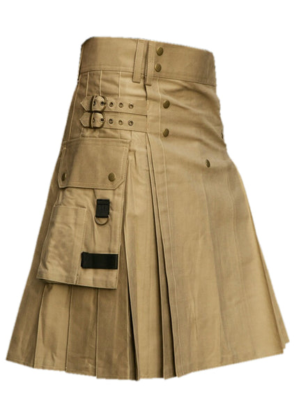 Khaki Cargo Pockets Cotton Utility Kilt