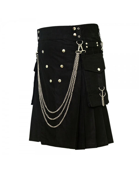 Black Front Button Detachable Pocket Chrome Chain Cotton Kilt