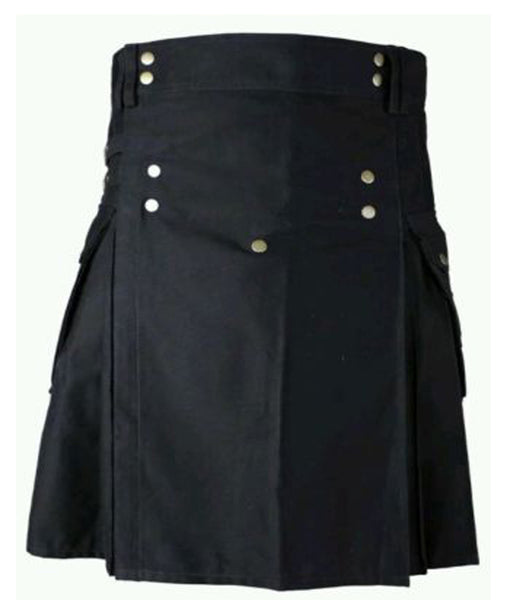 New Men's Black Cotton Front Buttons Utility Kilt
