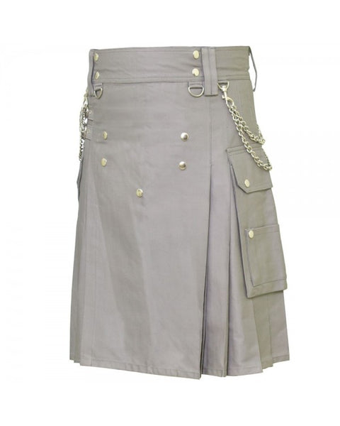 Classic Grey Cargo Pocket Chrome Chain Cotton Utility Kilt