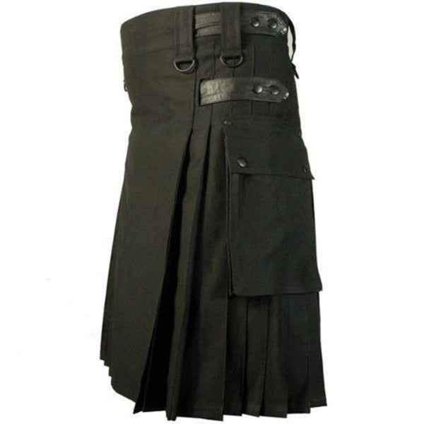 Black Leather Strap Utility Kilt for Active Men