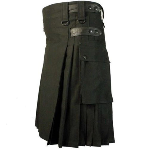 Black Leather Strap Utility Kilt for Active Men