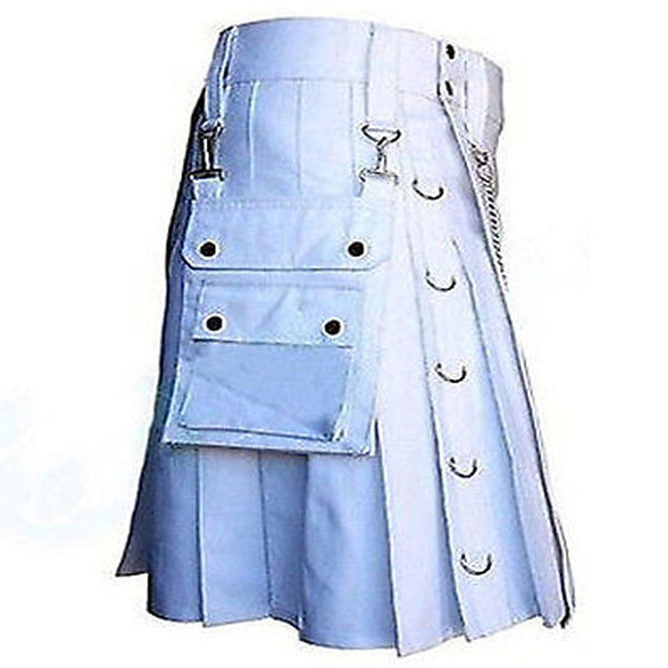 White Detachable Pocket Chrome Chain Cotton Utility Kilt