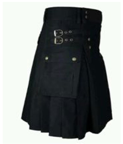 New Men's Black Cotton Front Buttons Utility Kilt