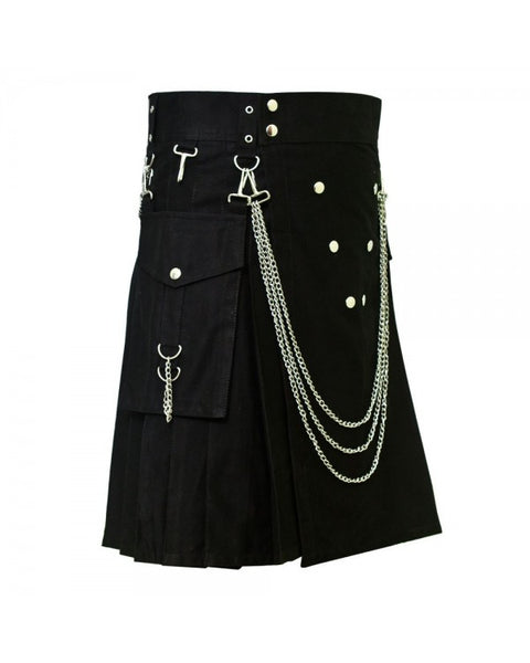 Black Front Button Detachable Pocket Chrome Chain Cotton Kilt
