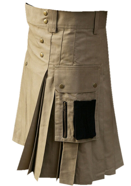 Khaki Cargo Pockets Cotton Utility Kilt