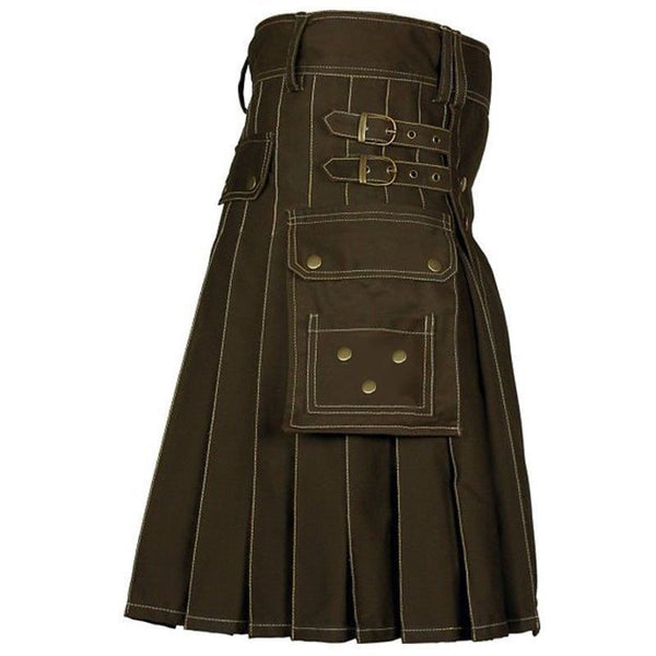 Front Buttons Cargo Pockets Chocolate Brown Cotton Utility Kilt