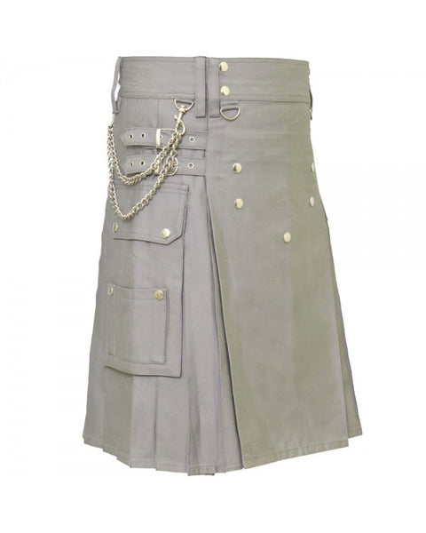 Classic Grey Cargo Pocket Chrome Chain Cotton Utility Kilt