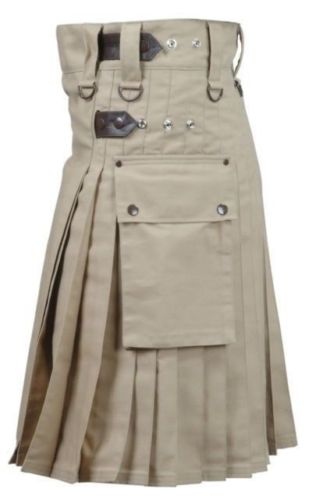 Brown Leather Straps Utility Kilt With Cargo Pockets