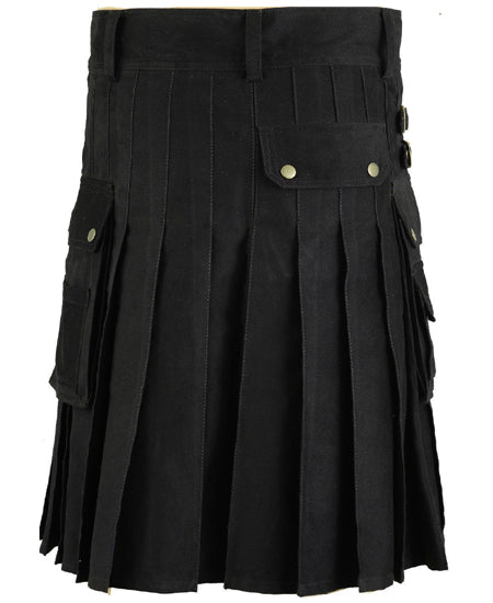 Front Buttons Black Cotton Cargo Pocket Kilt