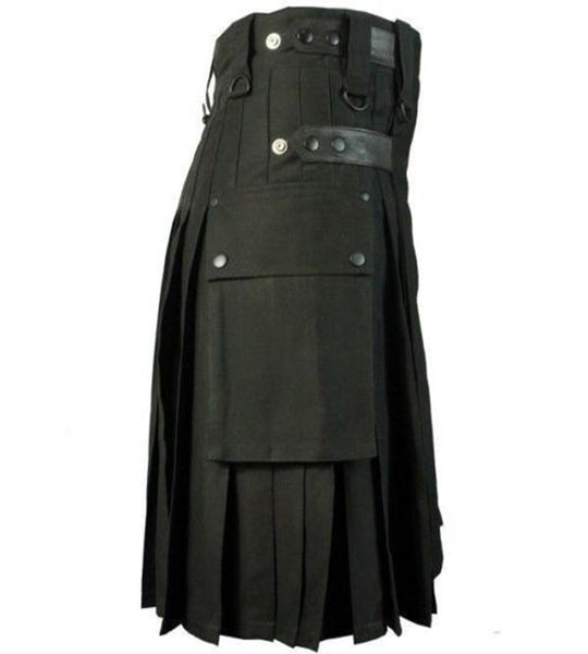 Black Leather Strap Utility Kilt for Active Men