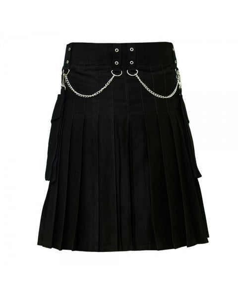 Black Front Button Detachable Pocket Chrome Chain Cotton Kilt