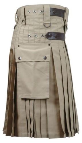 Brown Leather Straps Utility Kilt With Cargo Pockets
