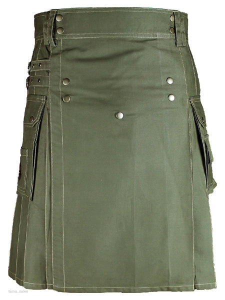 Front Buttons Olive Green Cotton Utility Kilt