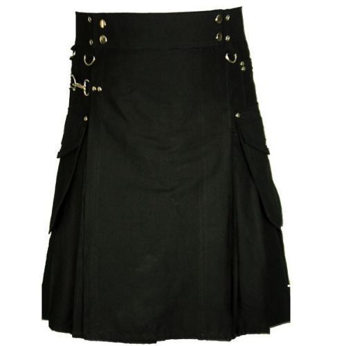 Black Cotton Cargo Pocket Utility Kilt