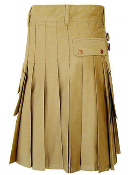 New Men's Khaki Stylish Front Buttons Utility Kilt