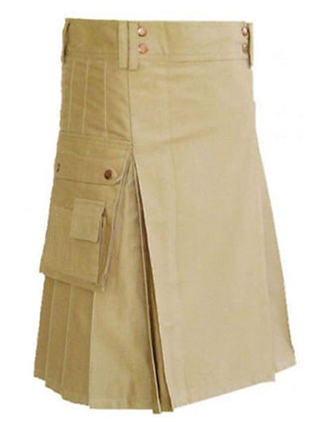 New Men's Khaki Stylish Front Buttons Utility Kilt