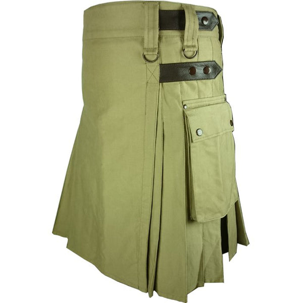 Khaki Leather Strap Utility Kilt for Active Men