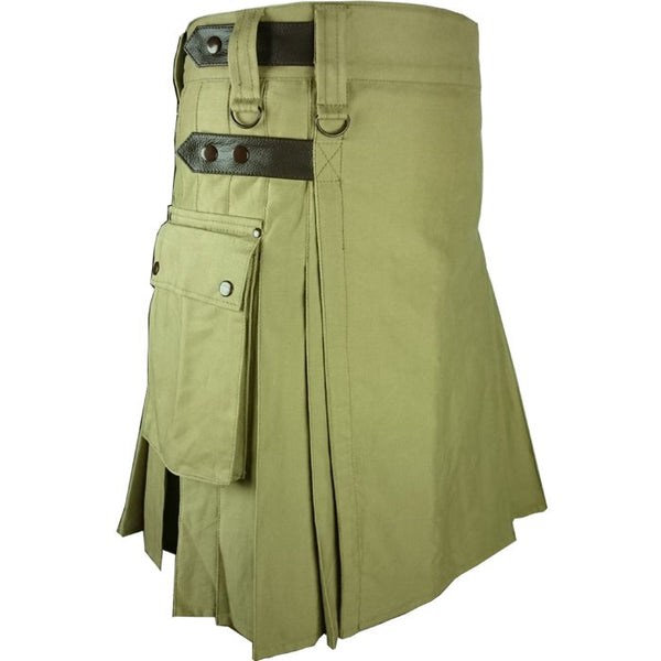 Khaki Leather Strap Utility Kilt for Active Men