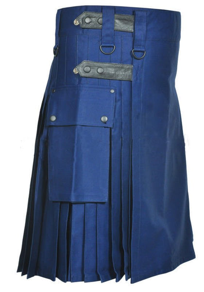 Navy Blue Leather Straps Cotton Utility Kilt
