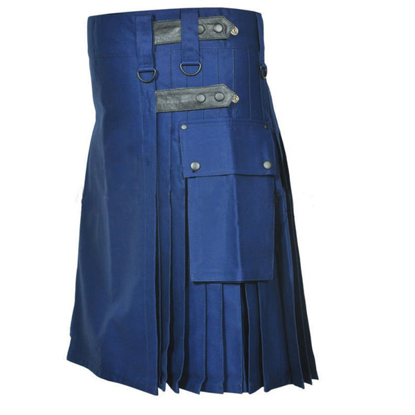 Navy Blue Leather Straps Cotton Utility Kilt