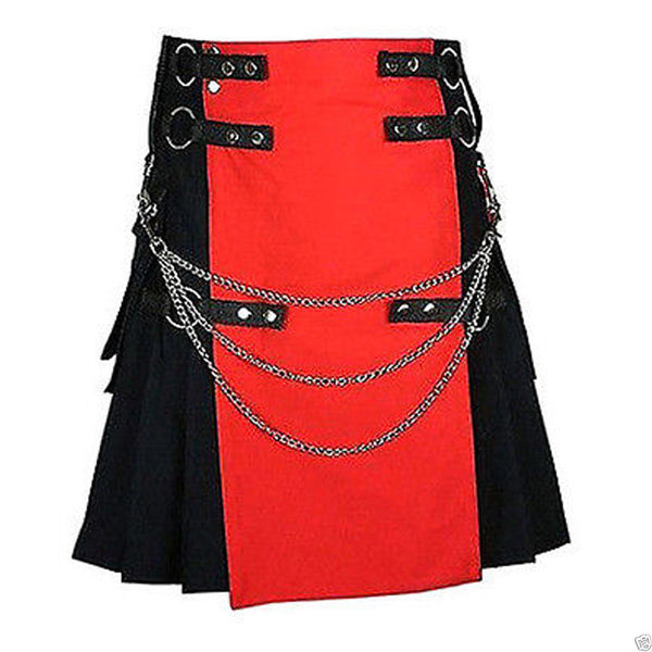 Red & Black Chromed Chain Hybrid Utility Cotton Kilt