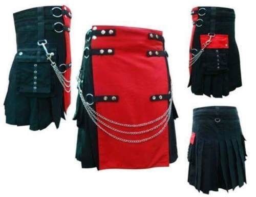 Red & Black Chromed Chain Hybrid Utility Cotton Kilt