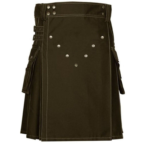 Front Buttons Cargo Pockets Chocolate Brown Cotton Utility Kilt