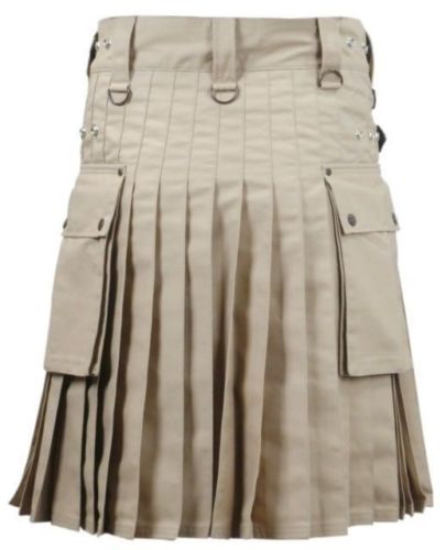 Brown Leather Straps Utility Kilt With Cargo Pockets