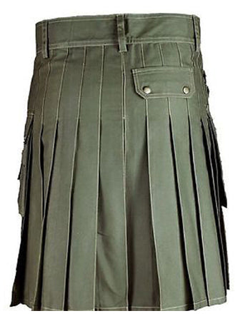 Front Buttons Olive Green Cotton Utility Kilt